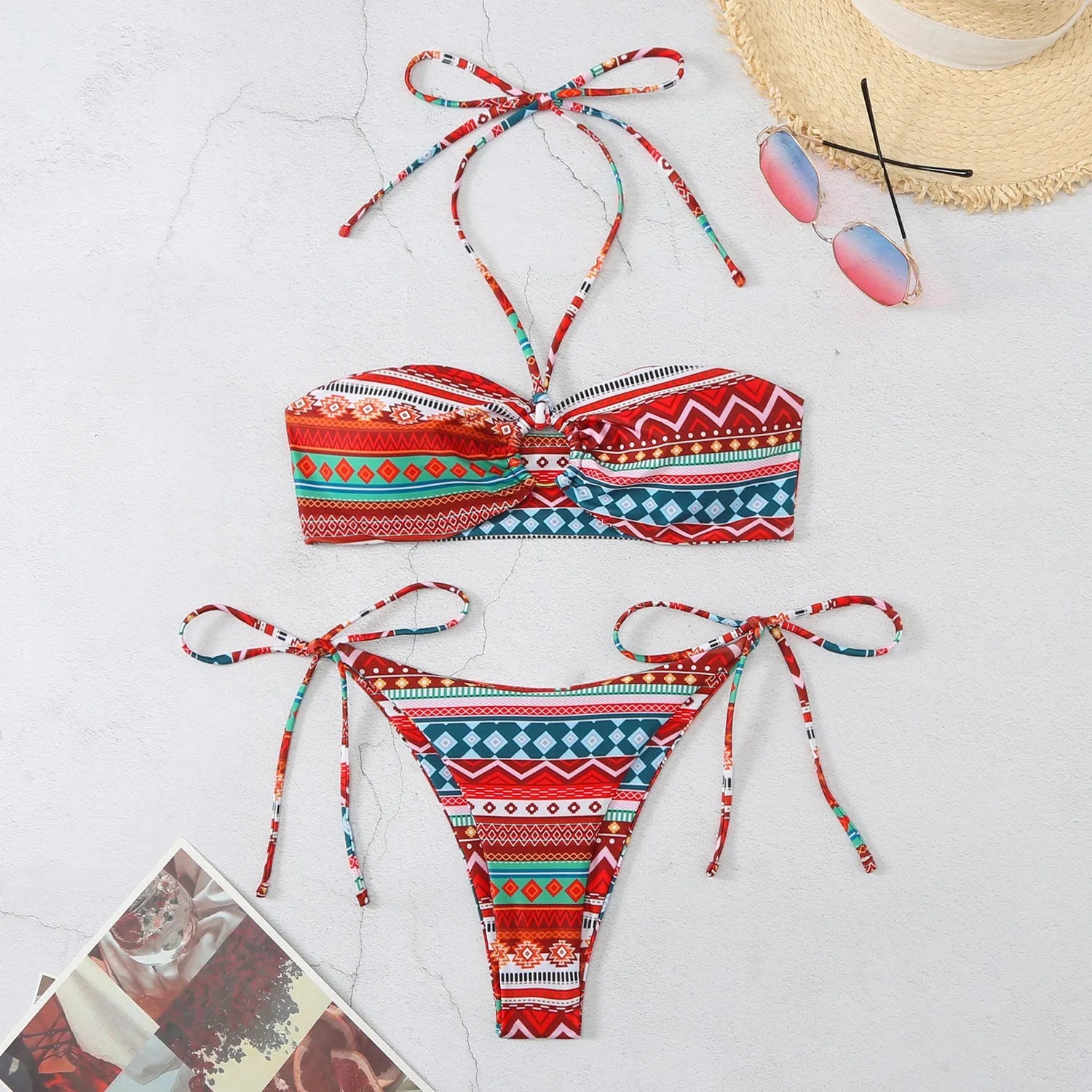 Women's halter neck bikini swimsuit in polyester with briefs style bottom