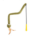Green snake cat teasing stick toy with feather attachment on 140cm long pole
