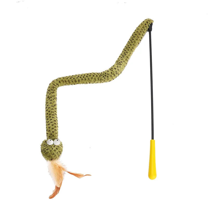 Green snake cat teasing stick toy with feather attachment on 140cm long pole