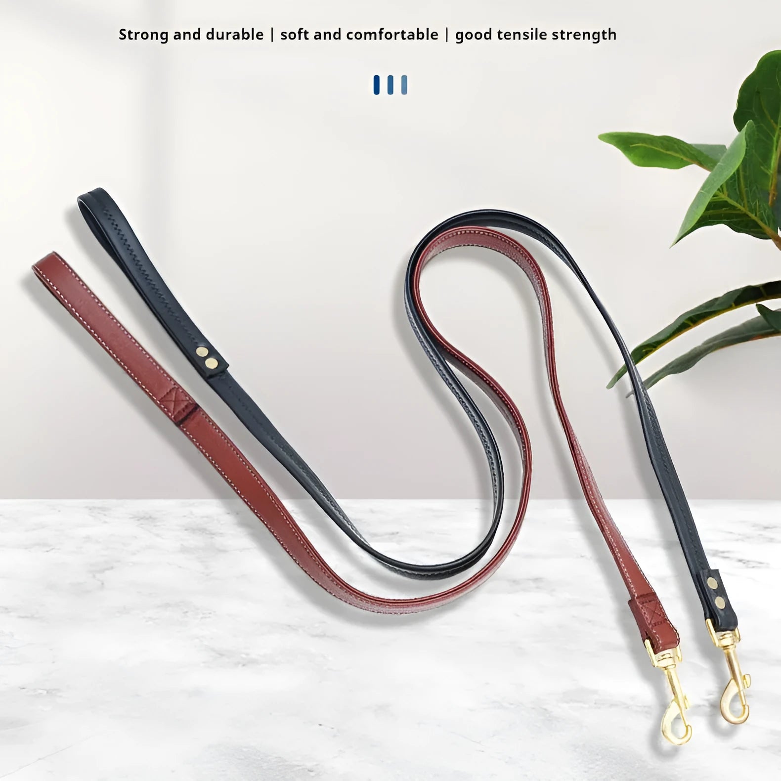 Roran black PU leather adjustable dog lead with clip, shown at medium length