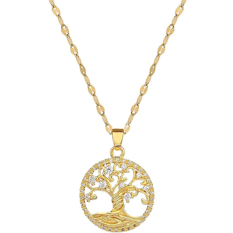 Gold-plated necklace with rhinestone lucky tree pendant and mother of pearl cross on adjustable chain