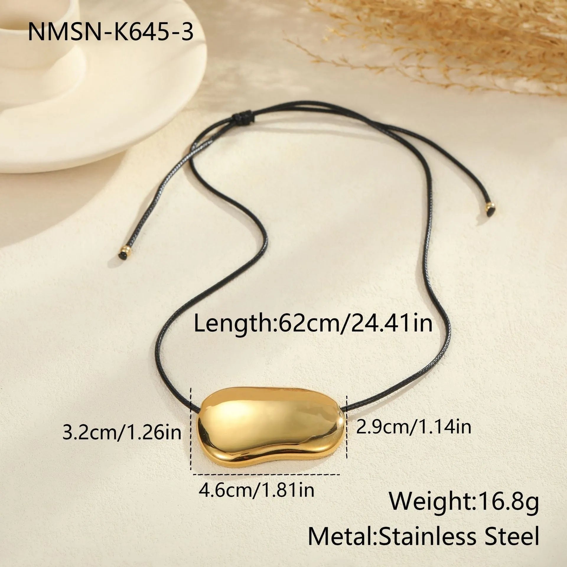 Titanium steel necklace with geometric irregular pendant on adjustable chain in gold or silver finish