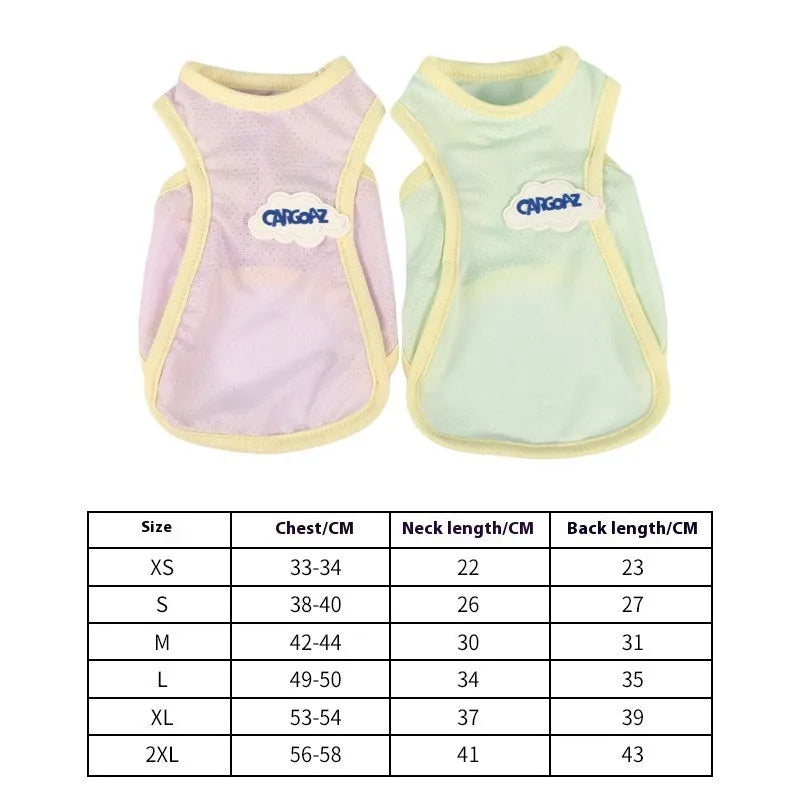 Thin polyester pet vest in grass green or taro purple for cats, sports style summer clothing with anti-lint features.