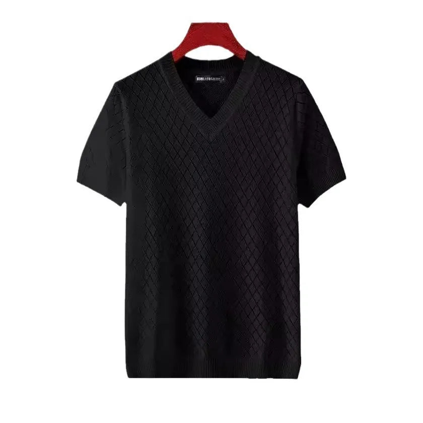 Men's black and white ice silk T-shirt showing V-neck and round neck style variations