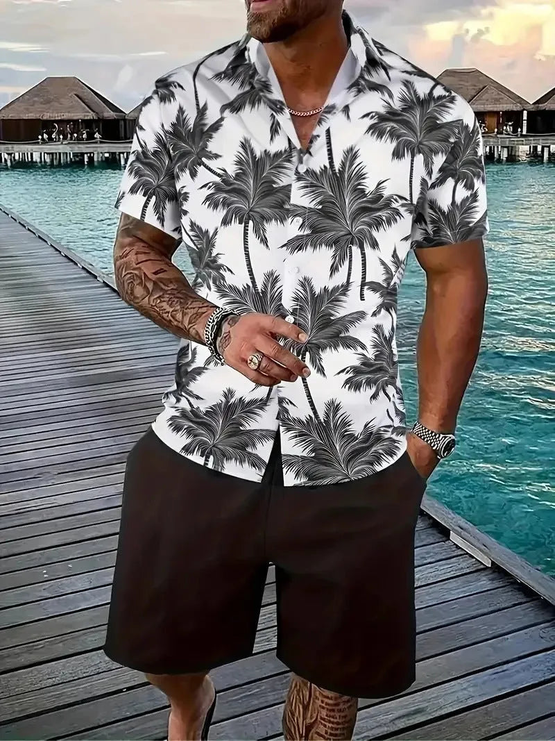 Men's Hawaii 3D printed short sleeve top and shorts leisure suit set on a hanger.