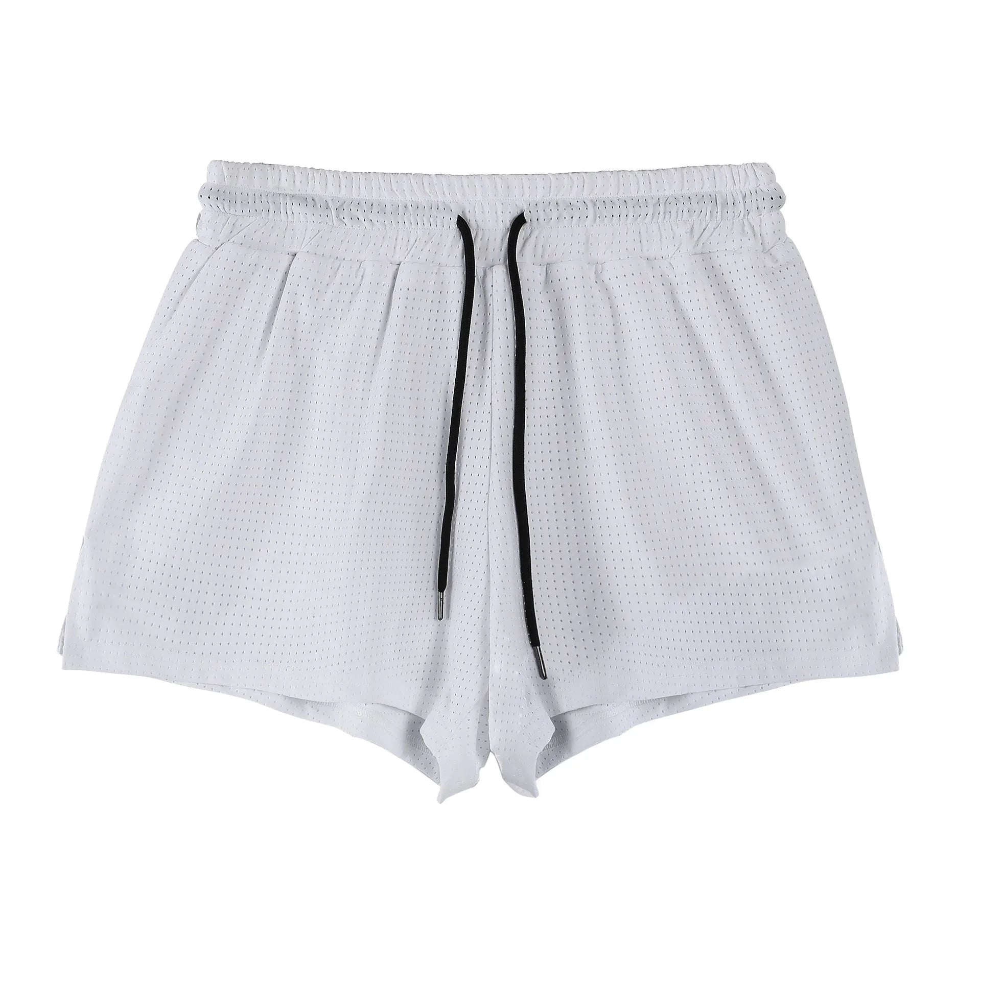 Men's black nylon quick-drying summer shorts laid flat, showing mid-waist and shorts length design.