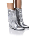 Women's black chunky heel tassel boots with a pointed toe and high stiletto heel on a white background.