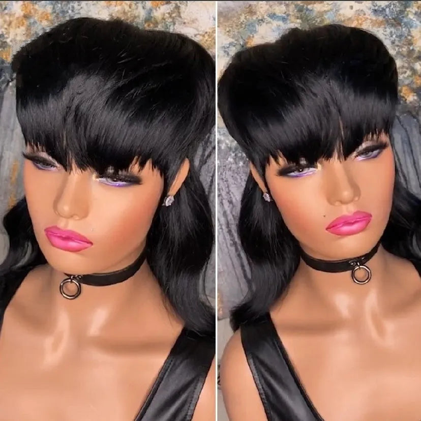 Black Brazilian synthetic wig with bangs and a front short, back long layered hairstyle.