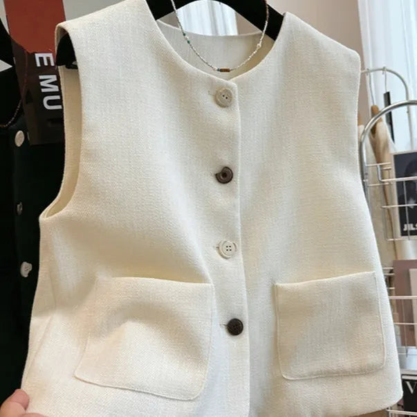 Women's French style round neck bandage vest in polyester fabric, sleeveless design