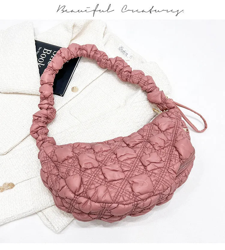 Women's nylon shoulder messenger bag in beige colour showing adjustable strap and dimensions