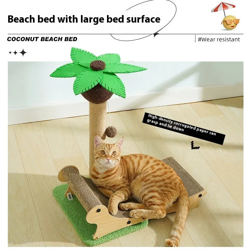 Wooden beach chair style cat climbing frame nest with a central hemp-wrapped scratching post.