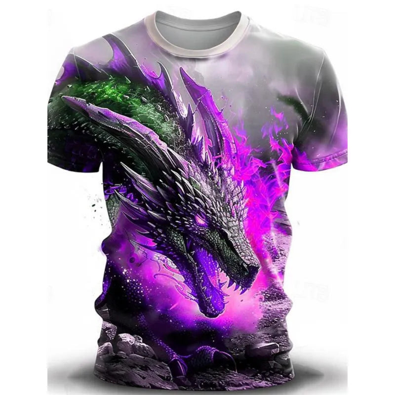 Men's grey casual t-shirt featuring a detailed 3D wind dragon print on the chest, short sleeves.