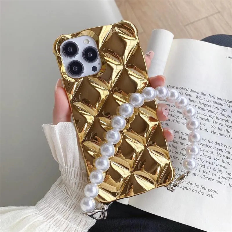 Luxury diamond bracelet phone case for iPhone with gold chain and plated rhombus design