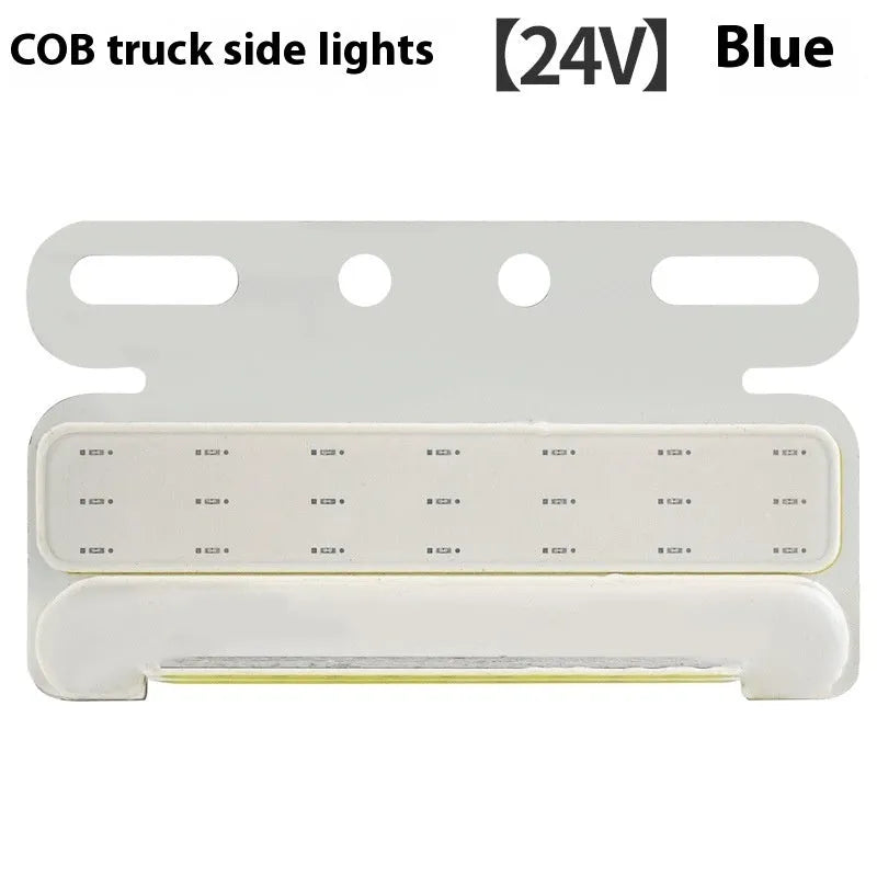 COB LED truck side light with grounded tyre light in aluminium alloy housing, shown in multiple colours.