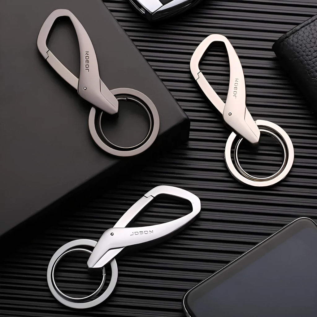 Zinc alloy double key ring for car keys in black, chrome, or nickel finish, shown next to a 30cm ruler for scale.