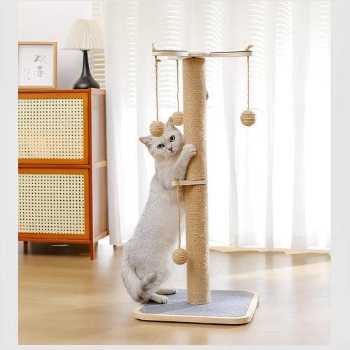 Windmill design cat climbing frame with hanging ball toy on carpet leather and pine wood structure