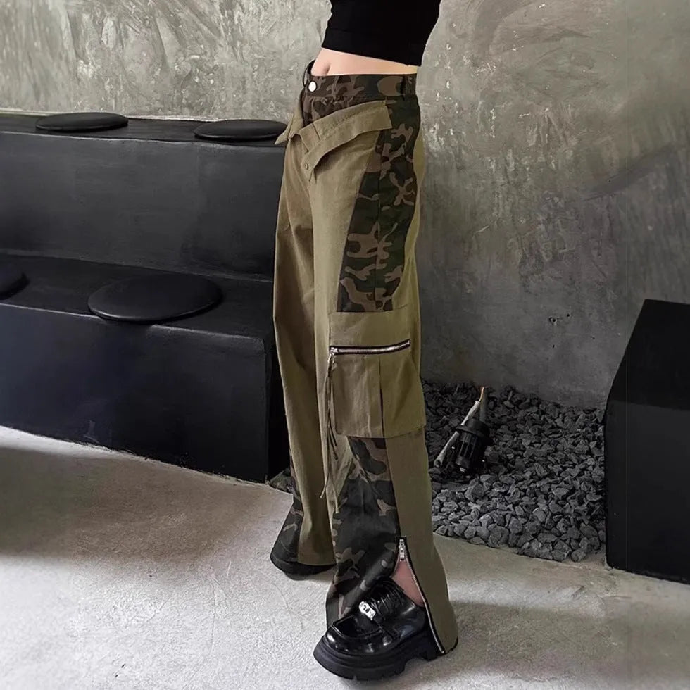 Women's dark khaki leopard print high waist straight leg jeans with tooling style collage stitching
