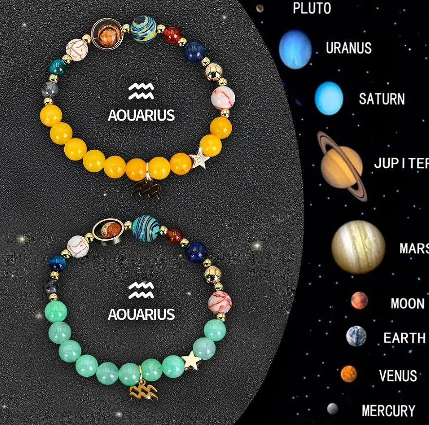 Two natural stone beaded bracelets with zodiac charms on an adjustable elastic band.