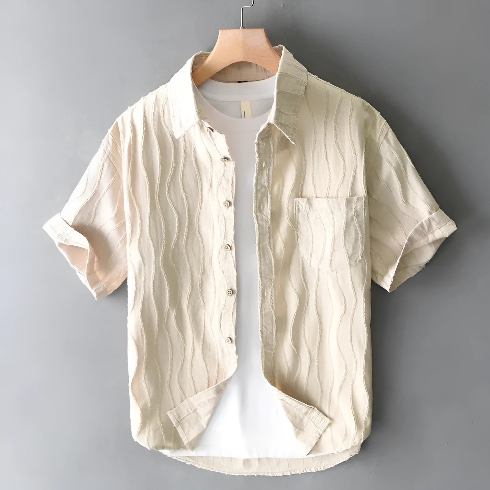 Men's apricot coloured pure cotton short sleeve casual shirt with loose fit