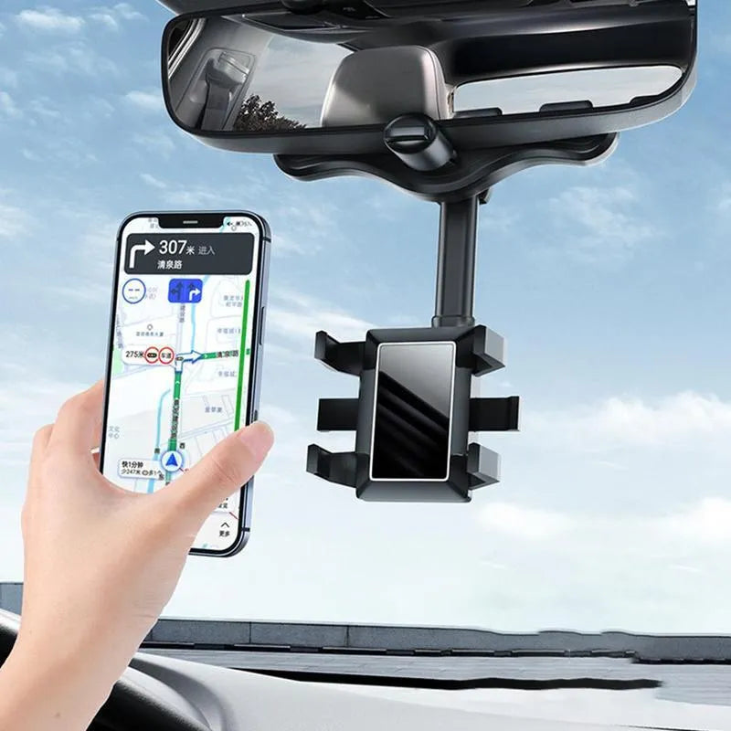 Black rearview mirror phone holder for car showing 360° rotation and retractable arm