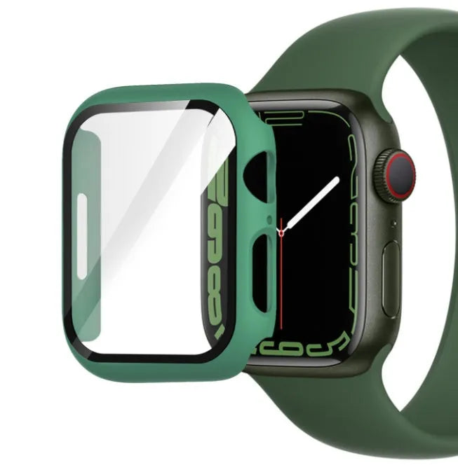 PC tempered film replacement case for Apple Watch in various colours and sizes on display.