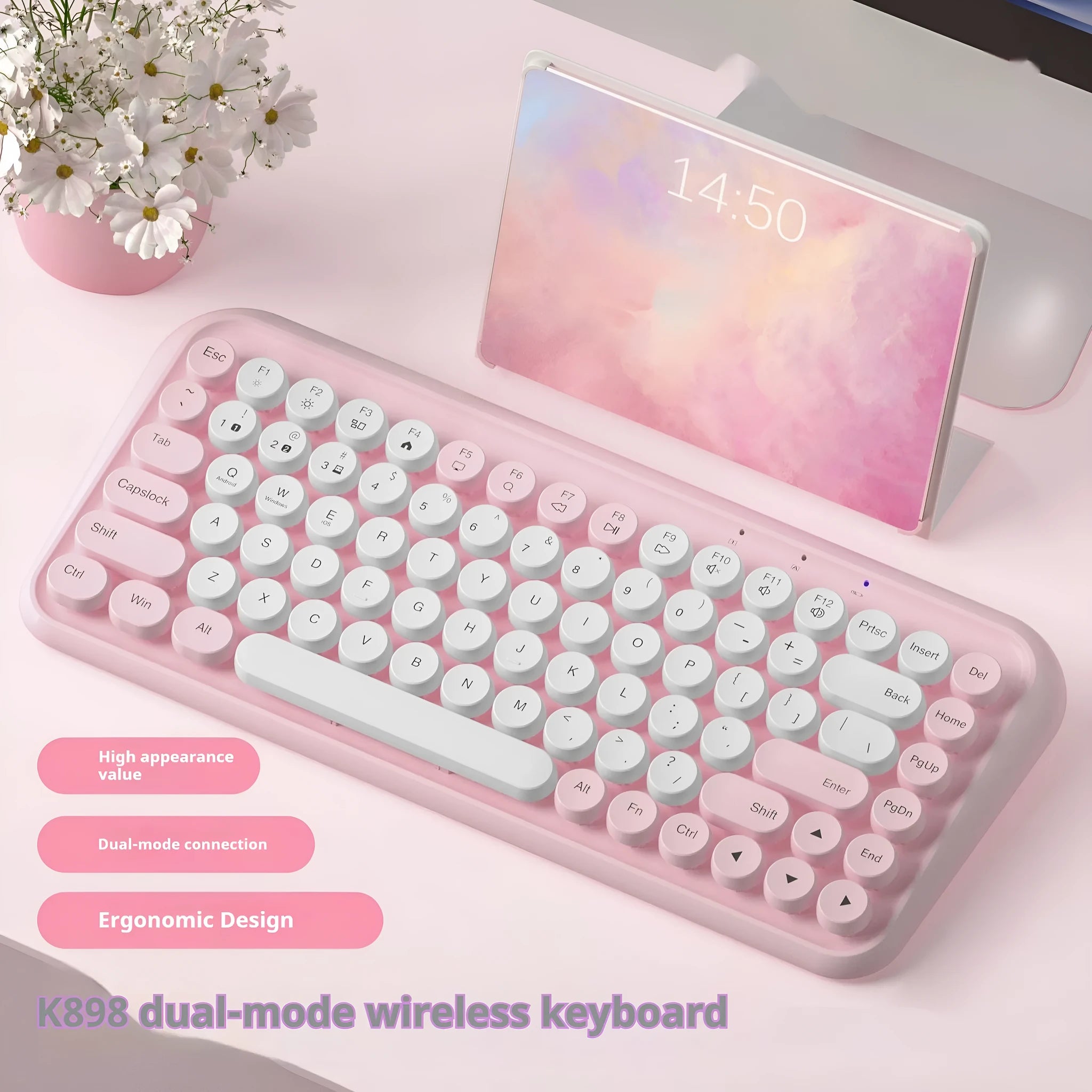 Pink dual-mode wireless Bluetooth mute portable keyboard with 84 keys and ABS construction on a desk