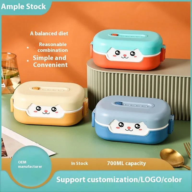 Square plastic divided lunch box in dark blue, orange yellow, or pink and green with microwave-safe symbol