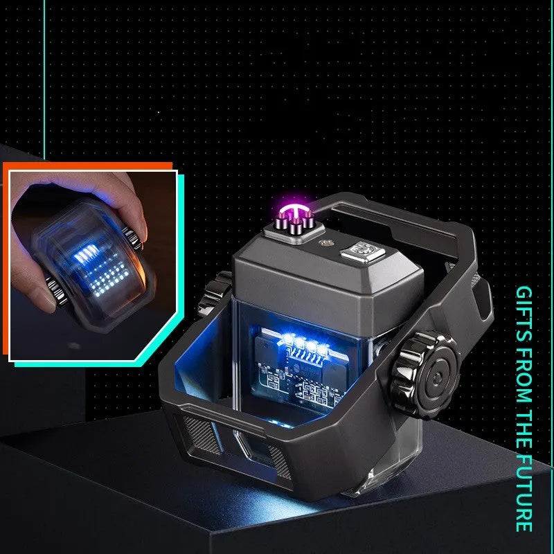 Blue double arc electric lighter with a spinning mechanical gyroscope, shown folded and unfolded.
