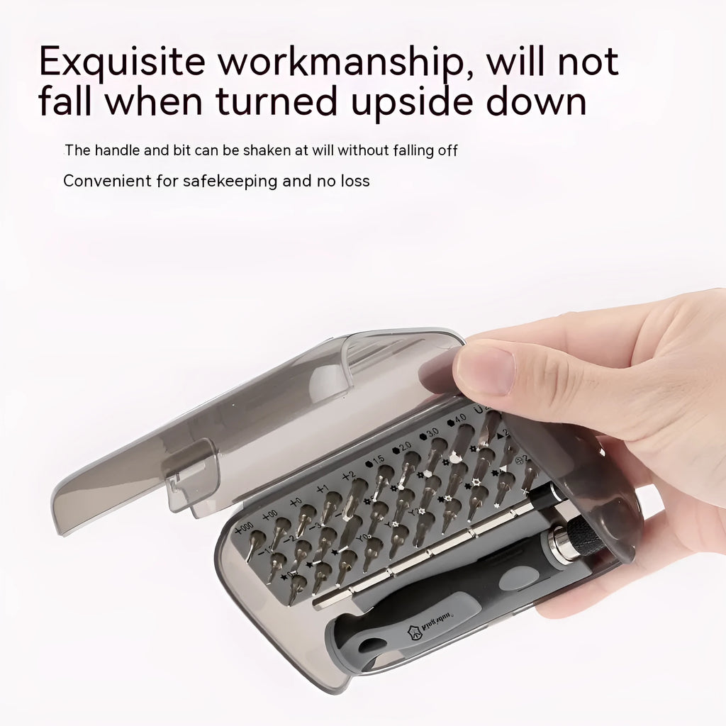 32-in-1 screwdriver set with 30 bits in a black plastic storage case, showing PH1 head and 50 mm bar.
