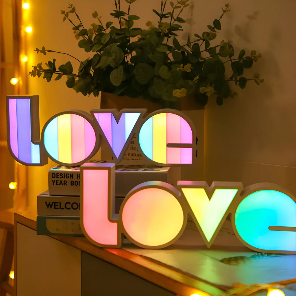 Rainbow coloured LED decorative light spelling LOVE, with USB cable.