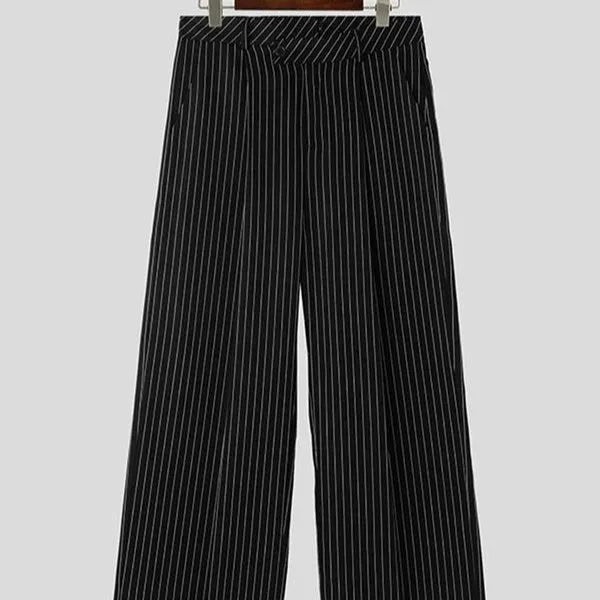 Men's black vertical striped pleated casual trousers with high elasticity fabric