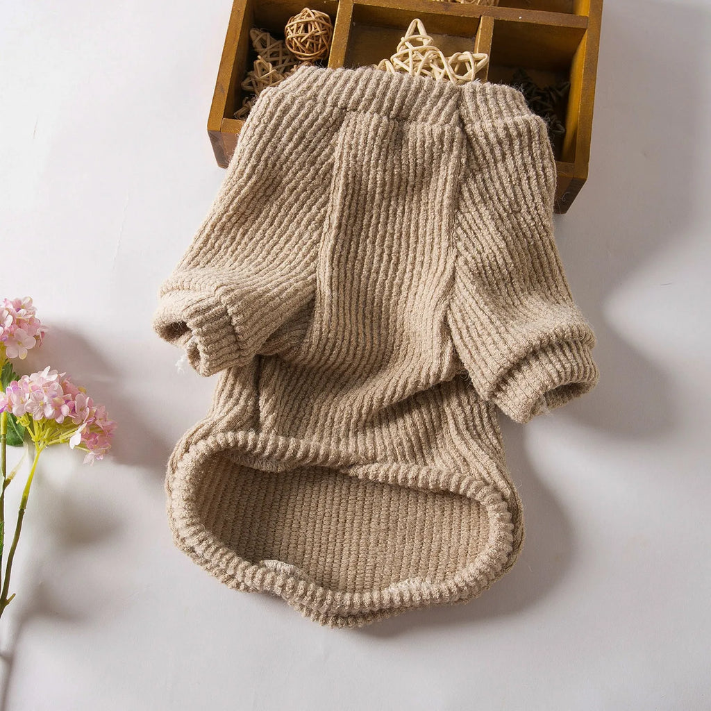 Brown cloth pullover dog sweater on a small breed dog.