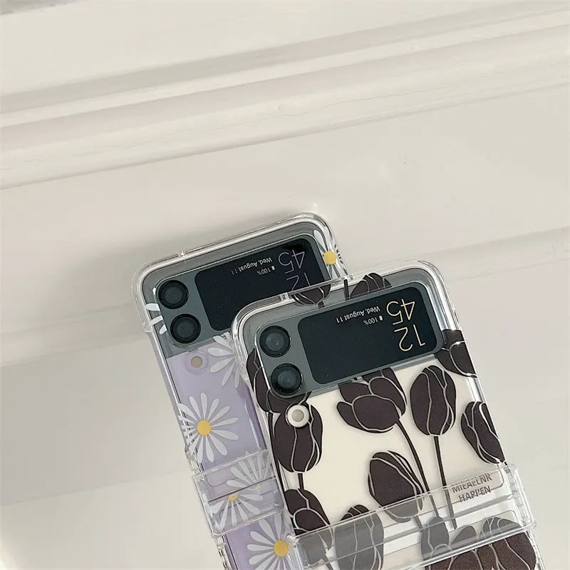 Samsung Galaxy Flip phone case with flower pattern and folding screen protector in clear PC material