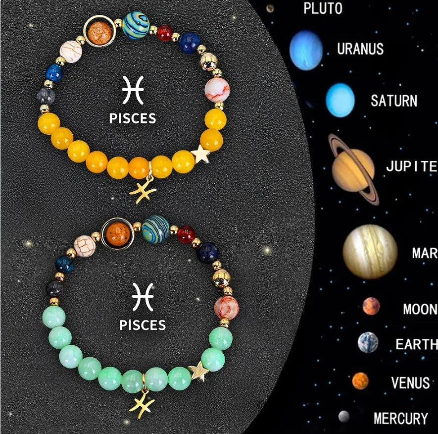 Two natural stone beaded bracelets with zodiac charms on an adjustable elastic band.