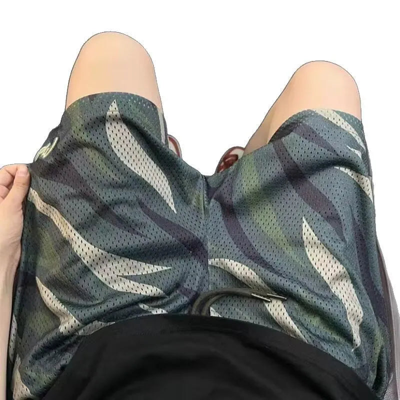 Men's camouflage mesh shorts straight leg cotton blend fabric casual summer wear