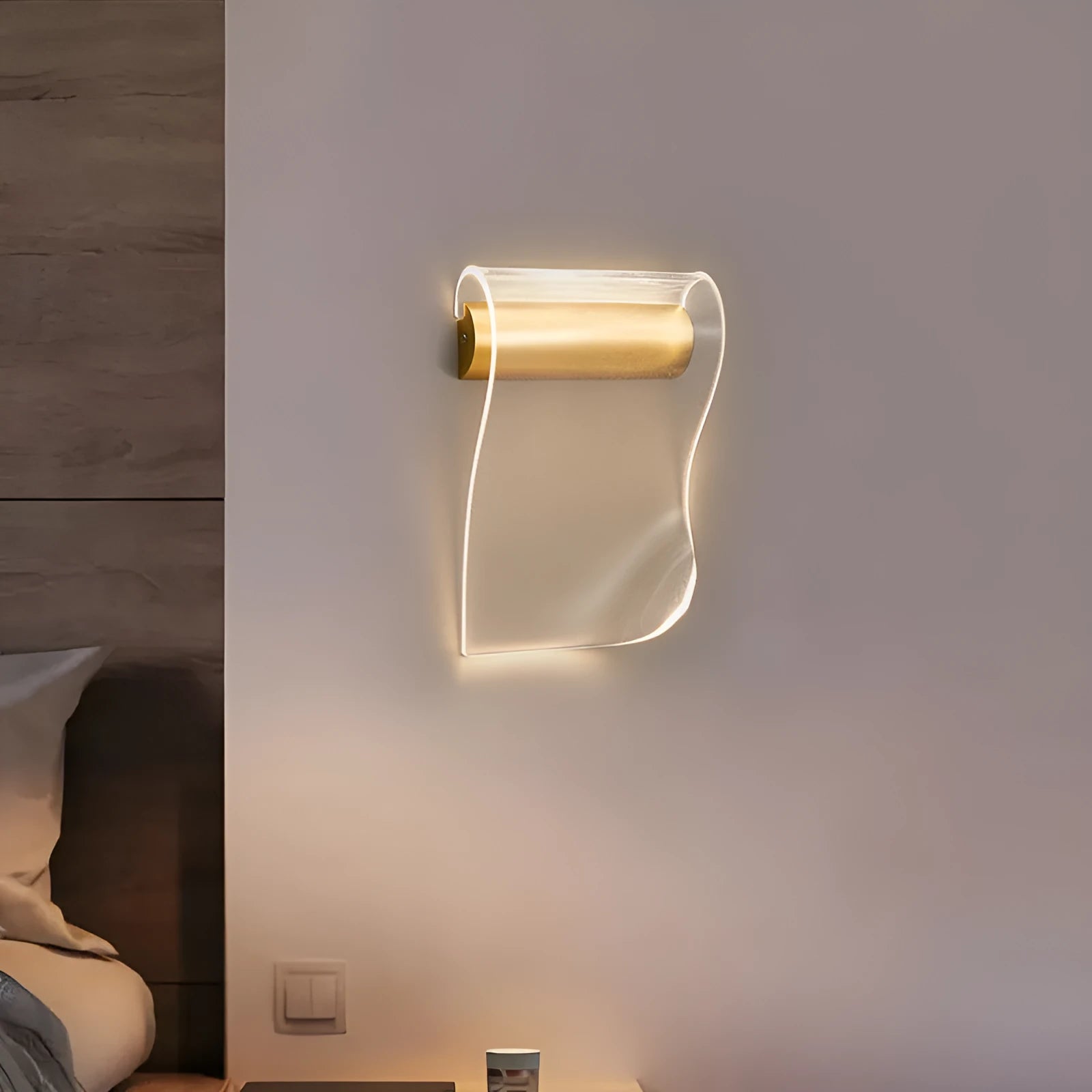 Modern wall lamp with acrylic shade in left bend orientation for bedside or living room