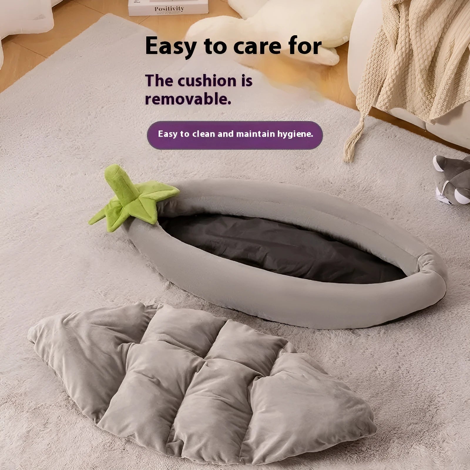 Removable washable cloth dog bed mat in brown, shown next to size labels S, M, L, XL, XXL.