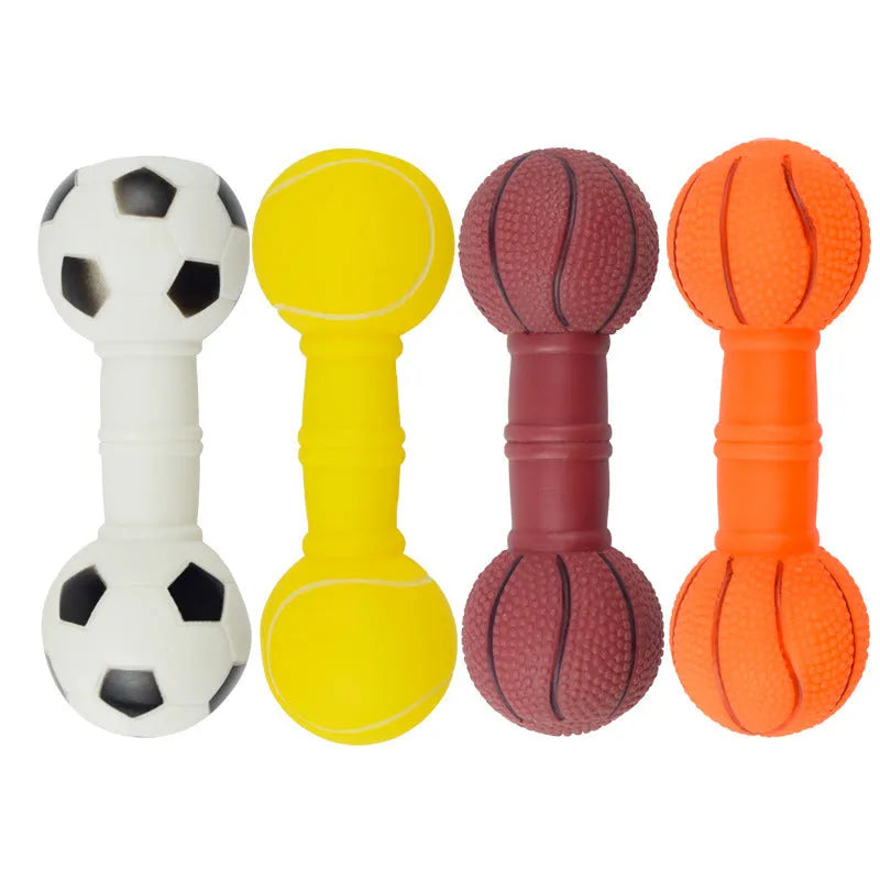 PVC football dumbbell shaped dog toy with squeaker in brown, orange, white and yellow colours