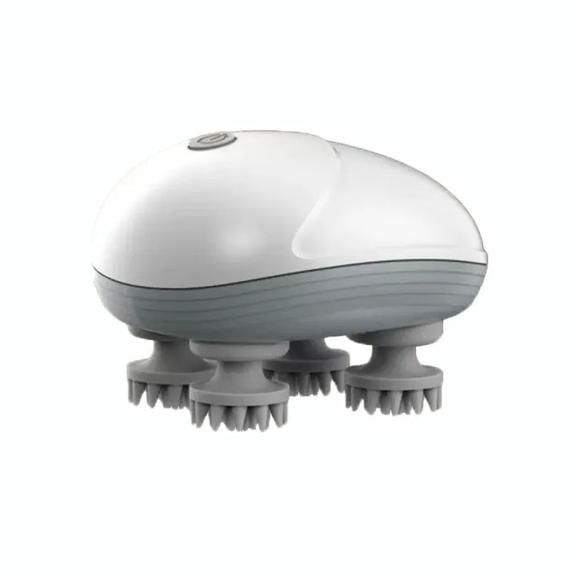 Blue handheld electric pet massager with four rotating heads for cats and dogs on a grey background.