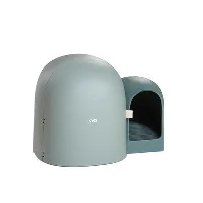 Large white fully enclosed cat litter box with a hood, shown next to a cat for scale.