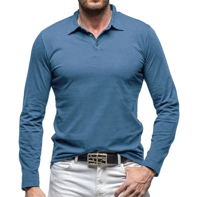 Men's dark gray cotton polo collar long sleeve t-shirt in American Retro style