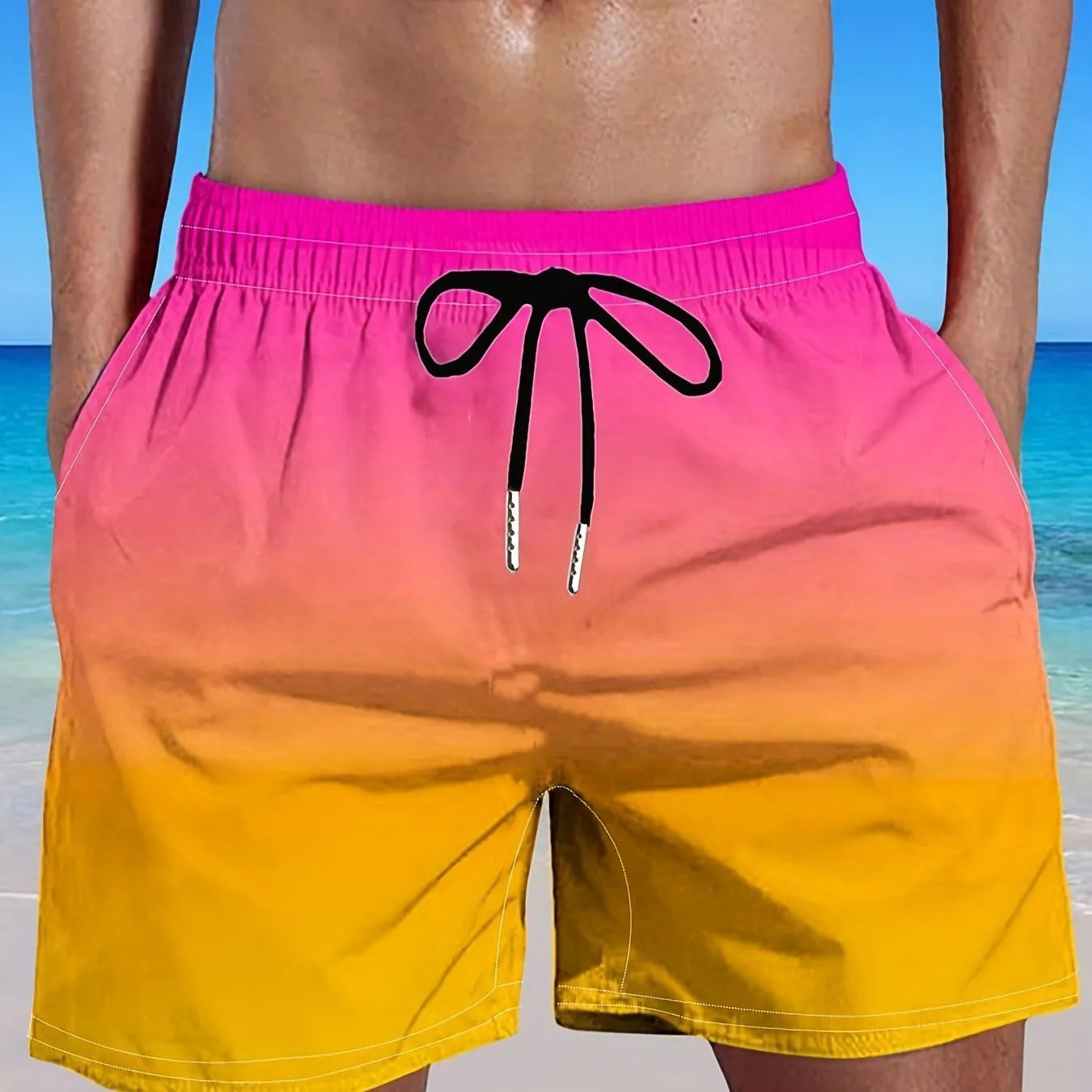 Men's gradient colour 3D printed mesh sports shorts showing elastic fabric and shorts length.