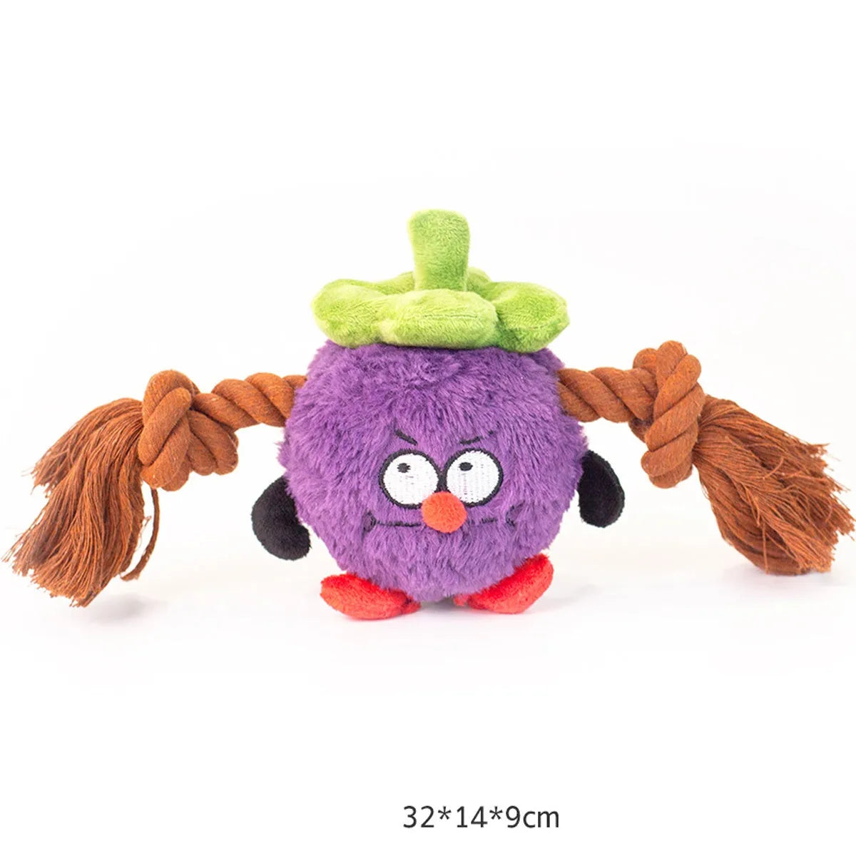 Green and purple interactive dog toy with plush centre and knotted rope tug-of-war arms