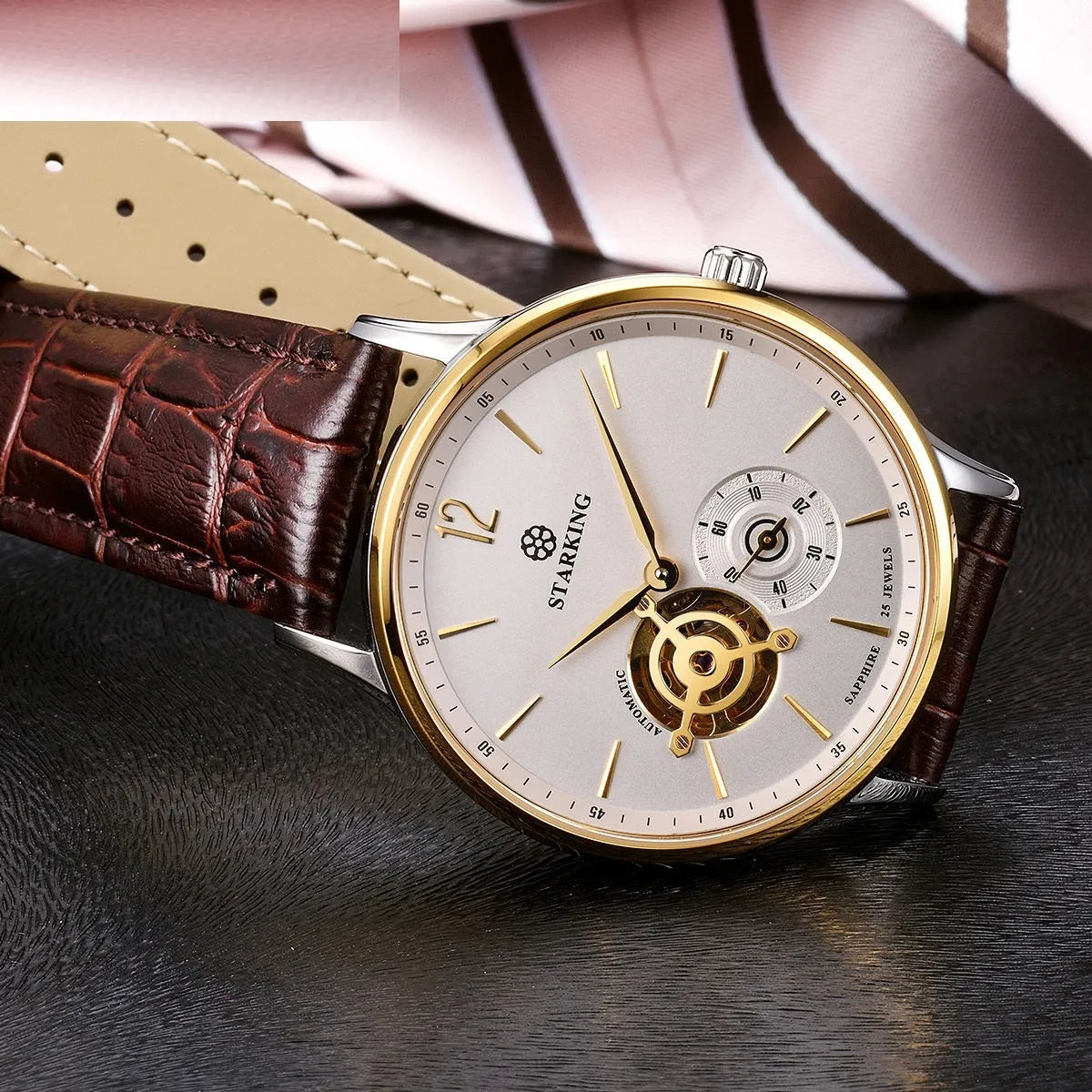 Men's automatic mechanical business watch with stainless steel case and brown leather strap