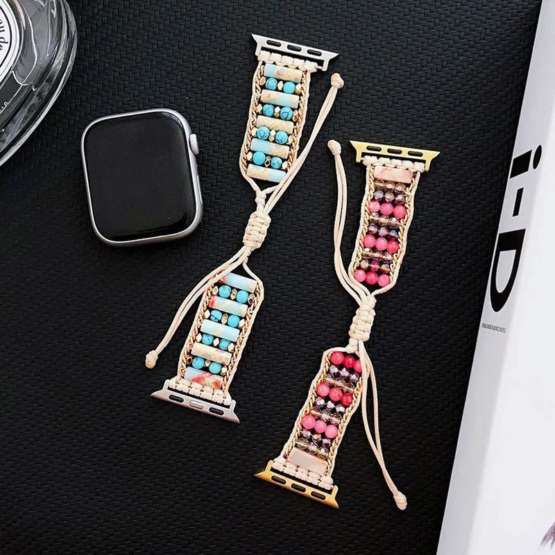 Stone leather rope watch band for Apple Watch in blue, fitting 38mm to 49mm case sizes