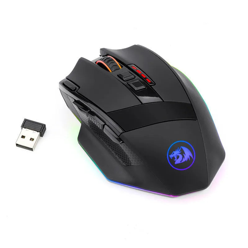 Black Redragon M801P wireless gaming mouse with nine buttons and ergonomic right-handed shape