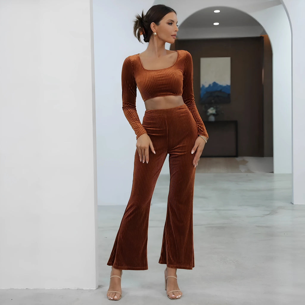 Caramel coloured long sleeve sweater and matching trousers casual set