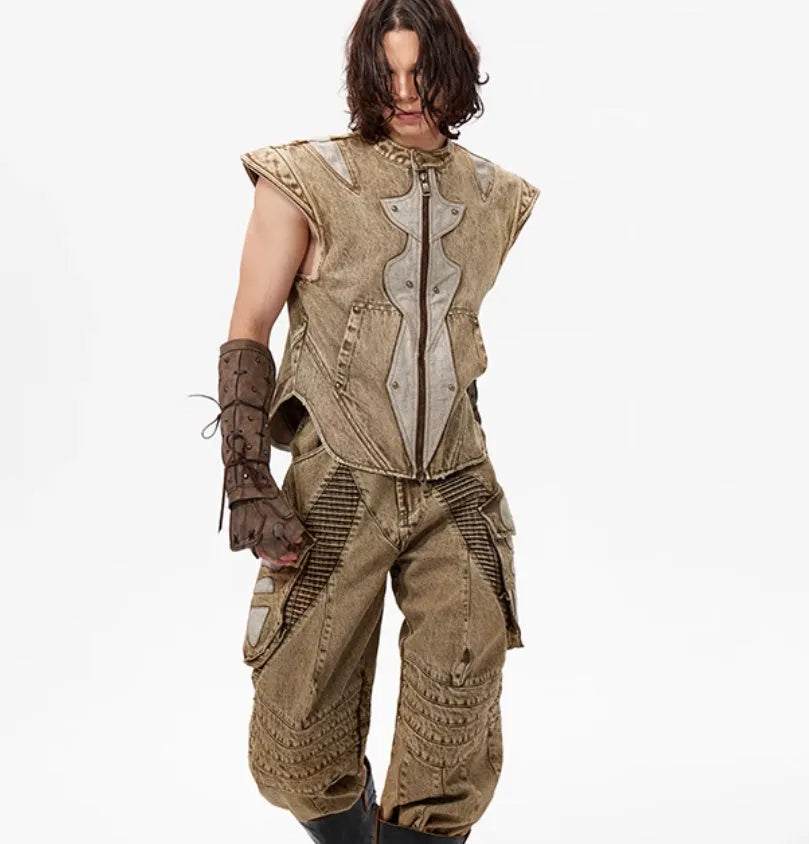 Summer Dark Knight pleated denim vest in cotton fabric, water-wash finish, shown in picture colour