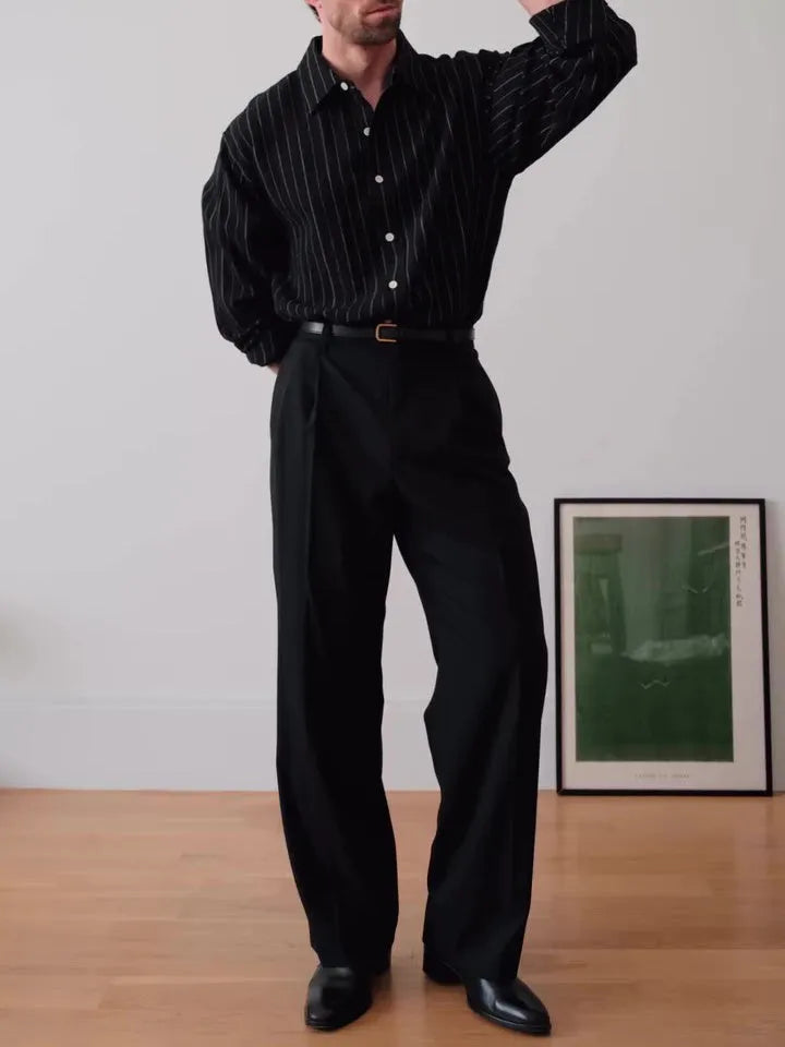 Black pinstripe button-down shirt with regular fit and long sleeves