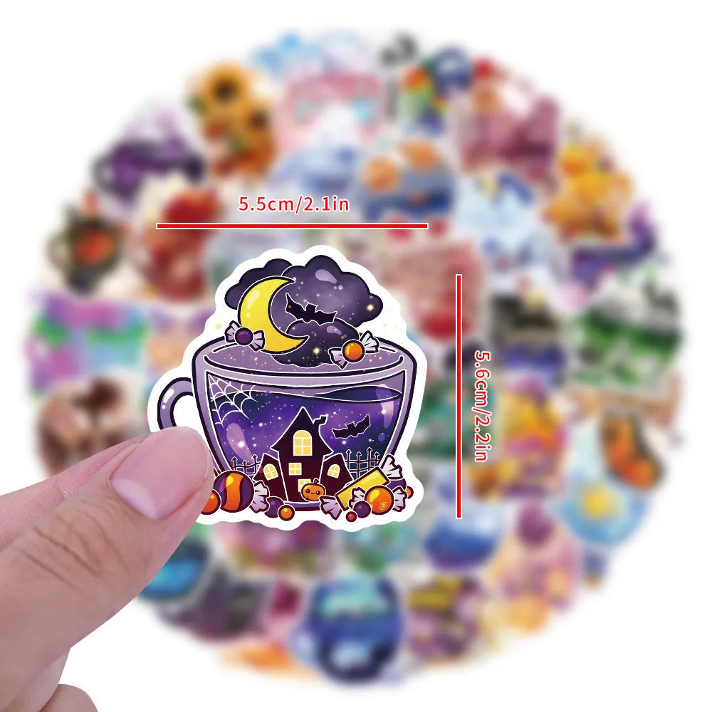 Pack of 50 colourful tea cup graffiti waterproof stickers in a Nordic style for luggage and scooter customisation.
